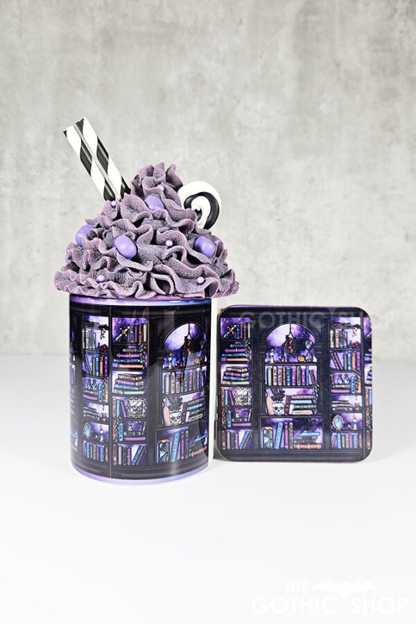 dark romance oddities library bookcase purple galaxy gothic square glossy coaster