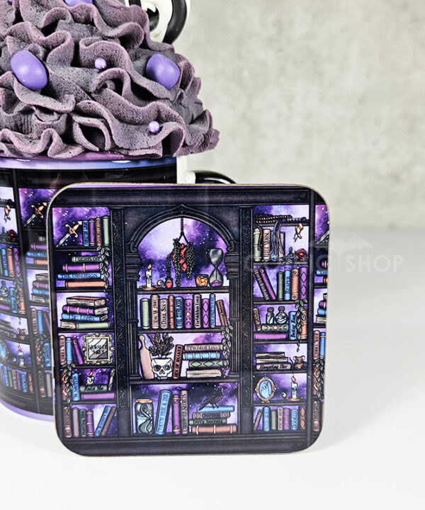 dark romance oddities library bookcase purple galaxy gothic square glossy coaster