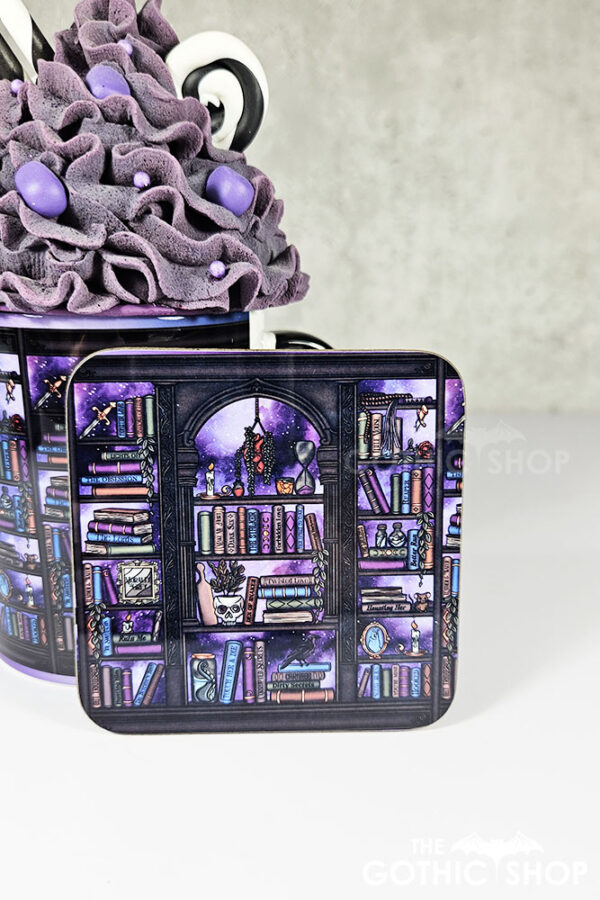 dark romance oddities library bookcase purple galaxy gothic square glossy coaster