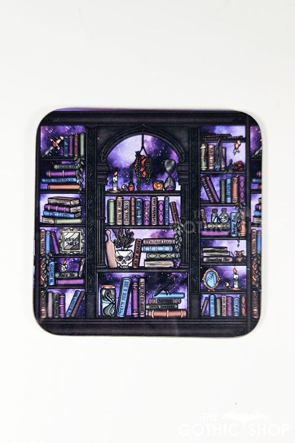 dark romance oddities library bookcase purple galaxy gothic square glossy coaster