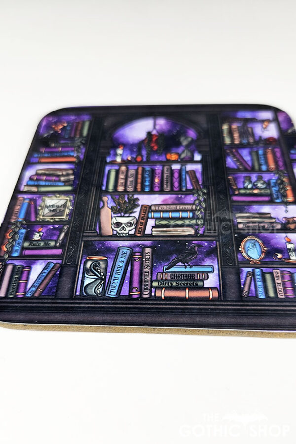 dark romance oddities library bookcase purple galaxy gothic square glossy coaster