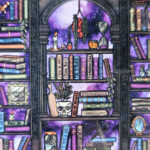 dark romance oddities library bookcase purple galaxy gothic square glossy coaster