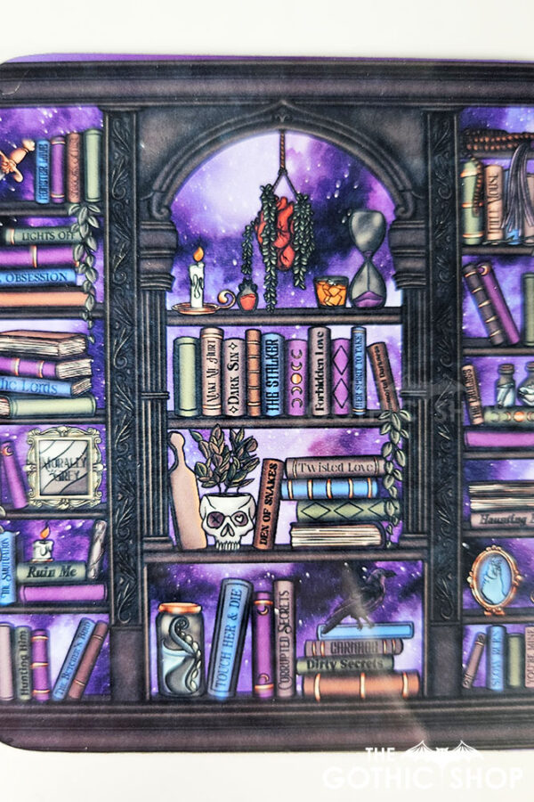 dark romance oddities library bookcase purple galaxy gothic square glossy coaster