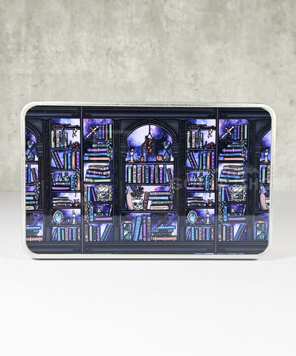 dark romance oddities library bookcase purple galaxy gothic rectangular tin