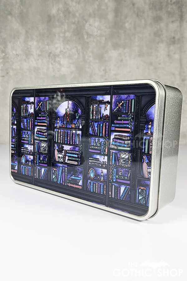 dark romance oddities library bookcase purple galaxy gothic rectangular tin