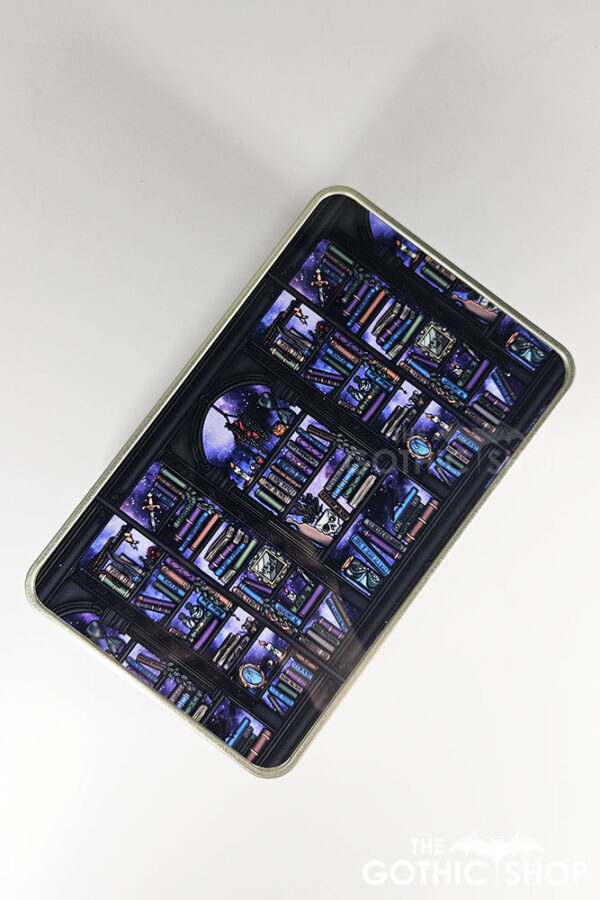 dark romance oddities library bookcase purple galaxy gothic rectangular tin