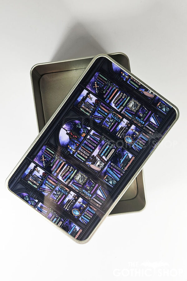dark romance oddities library bookcase purple galaxy gothic rectangular tin