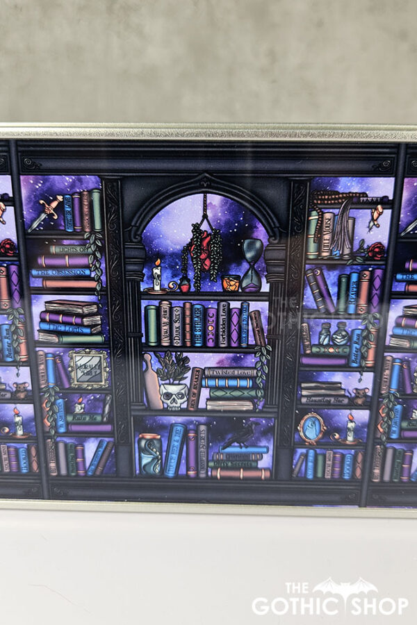 dark romance oddities library bookcase purple galaxy gothic rectangular tin