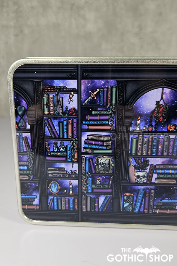 dark romance oddities library bookcase purple galaxy gothic rectangular tin