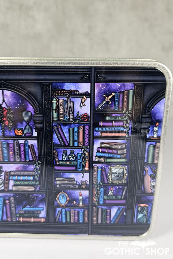 dark romance oddities library bookcase purple galaxy gothic rectangular tin