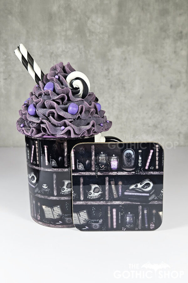 witchy curios rustic grey bookshelves ceramic mug