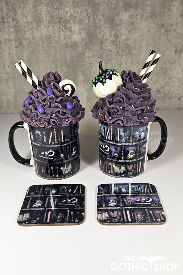 witchy curios rustic grey bookshelves ceramic mug