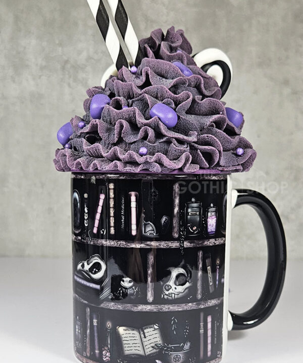 witchy curios rustic grey bookshelves ceramic mug