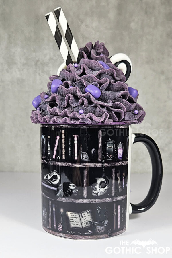 witchy curios rustic grey bookshelves ceramic mug