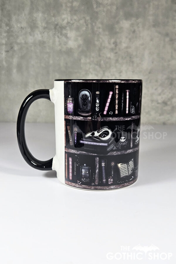 witchy curios rustic grey bookshelves ceramic mug