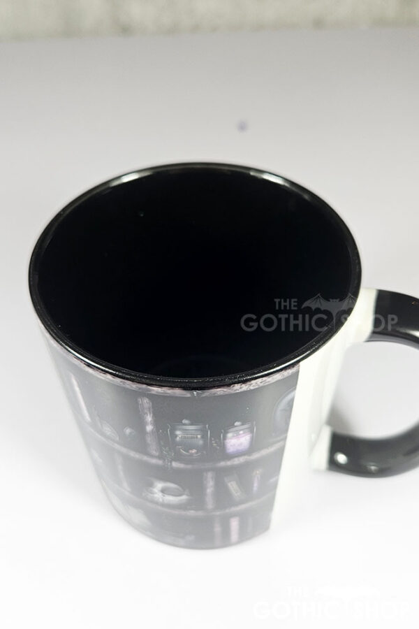 witchy curios rustic grey bookshelves ceramic mug