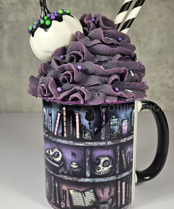 witchy curios rustic grungy colours bookshelves ceramic mug