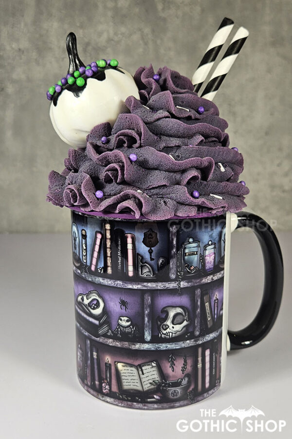 witchy curios rustic grungy colours bookshelves ceramic mug