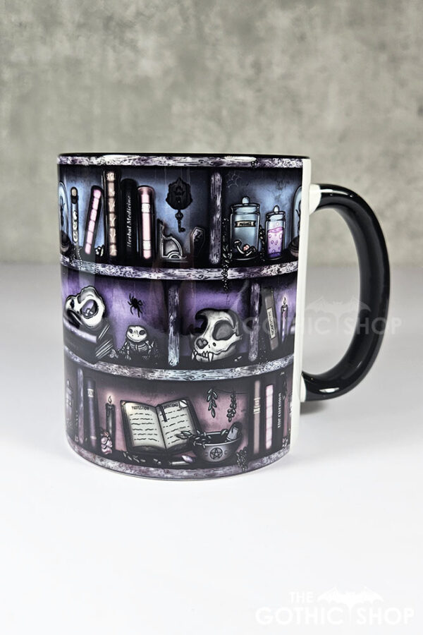 witchy curios rustic grungy colours bookshelves ceramic mug