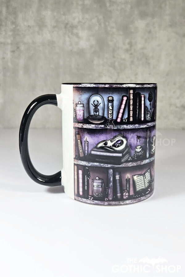 witchy curios rustic grungy colours bookshelves ceramic mug