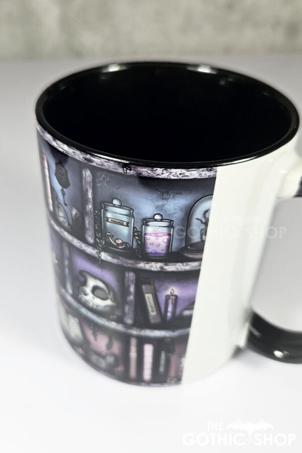 witchy curios rustic grungy colours bookshelves ceramic mug