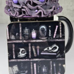 witchy curios rustic grungy grey bookshelves square glossy coaster