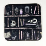 witchy curios rustic grungy grey bookshelves square glossy coaster