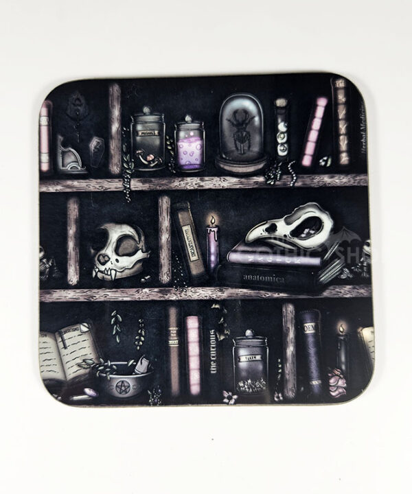 witchy curios rustic grungy grey bookshelves square glossy coaster