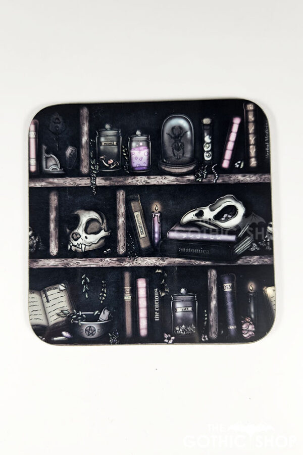 witchy curios rustic grungy grey bookshelves square glossy coaster