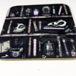witchy curios rustic grungy grey bookshelves square glossy coaster