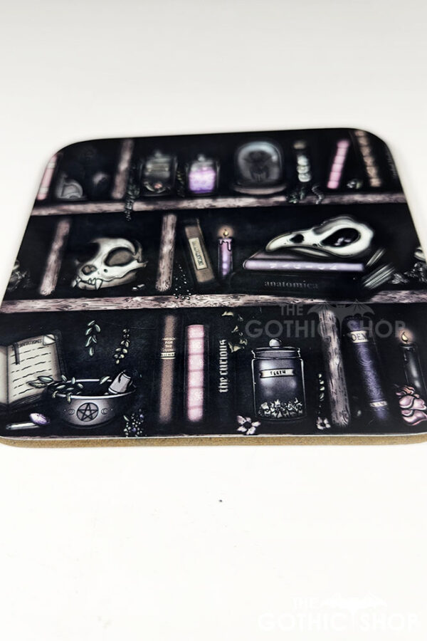 witchy curios rustic grungy grey bookshelves square glossy coaster