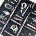 witchy curios rustic grungy grey bookshelves square glossy coaster