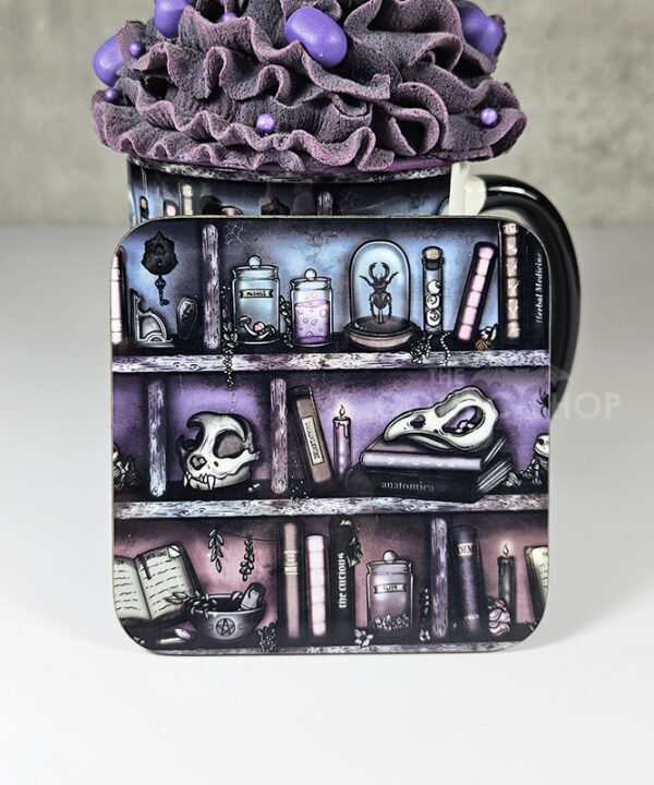 witchy curios rustic grungy colours bookshelves square glossy coaster