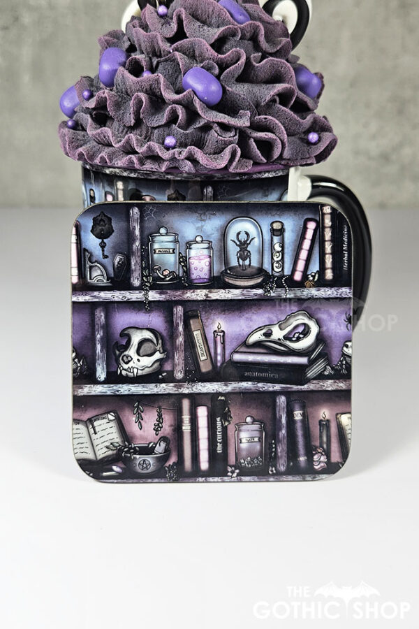witchy curios rustic grungy colours bookshelves square glossy coaster