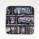 witchy curios rustic grungy colours bookshelves square glossy coaster
