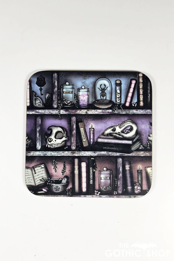 witchy curios rustic grungy colours bookshelves square glossy coaster