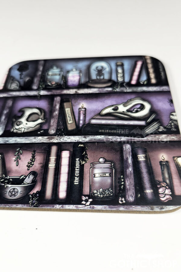 witchy curios rustic grungy colours bookshelves square glossy coaster