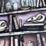 witchy curios rustic grungy colours bookshelves square glossy coaster