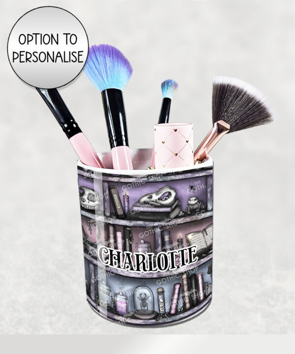 bookish witchy curios rustic grungy colour bookshelves pen or makeup brush pot