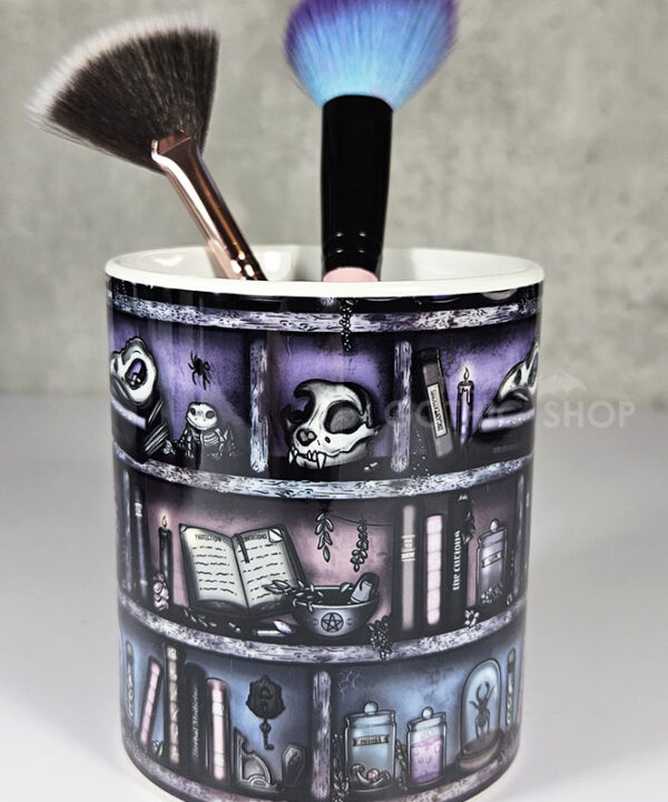 witchy curios rustic grungy grey bookshelves pen or makeup brush pot