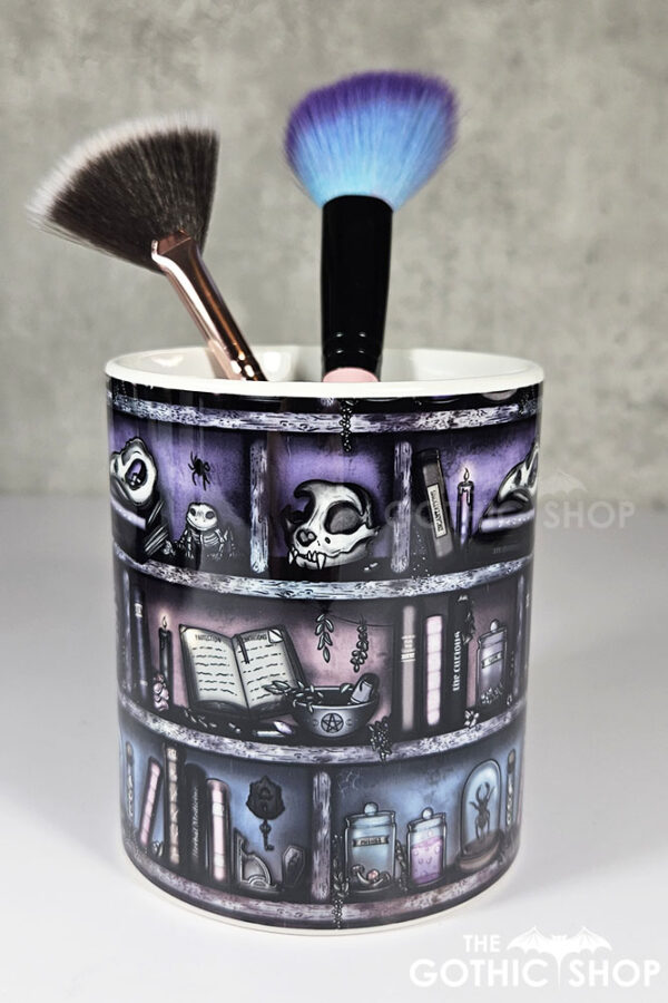 witchy curios rustic grungy grey bookshelves pen or makeup brush pot
