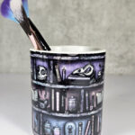 witchy curios rustic grungy grey bookshelves pen or makeup brush pot
