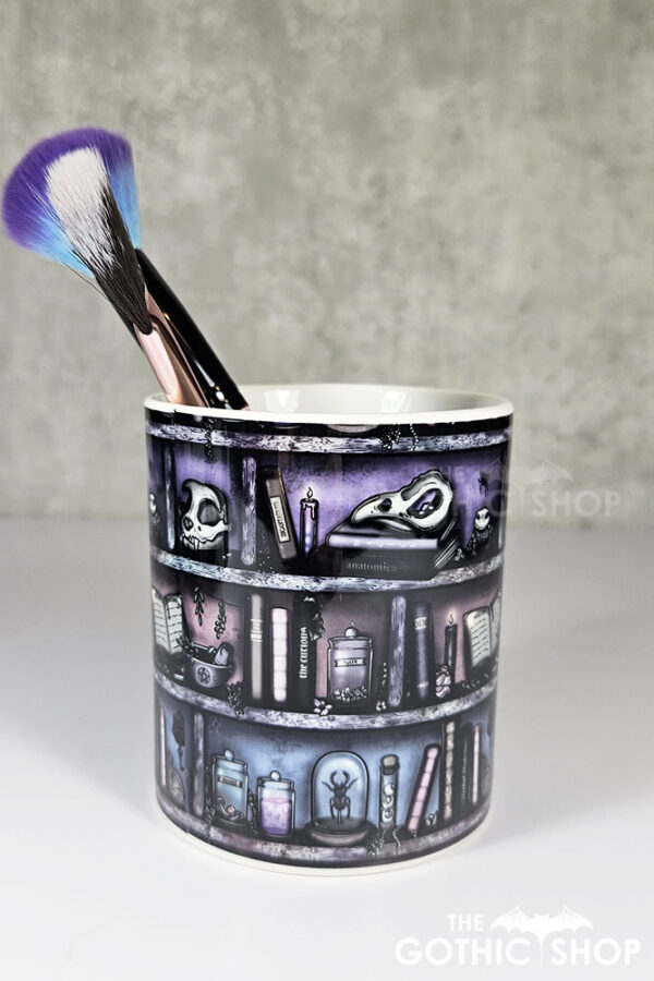 witchy curios rustic grungy grey bookshelves pen or makeup brush pot