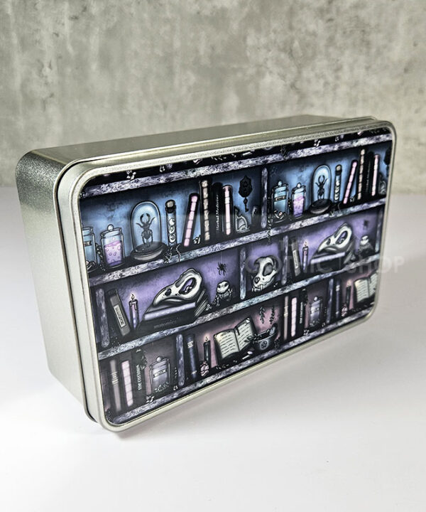 witchy curios rustic grungy colour bookshelves gothic rectangular tin