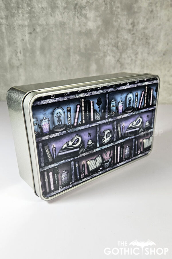 witchy curios rustic grungy colour bookshelves gothic rectangular tin