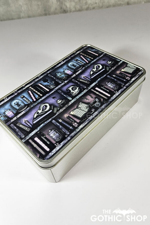 witchy curios rustic grungy colour bookshelves gothic rectangular tin