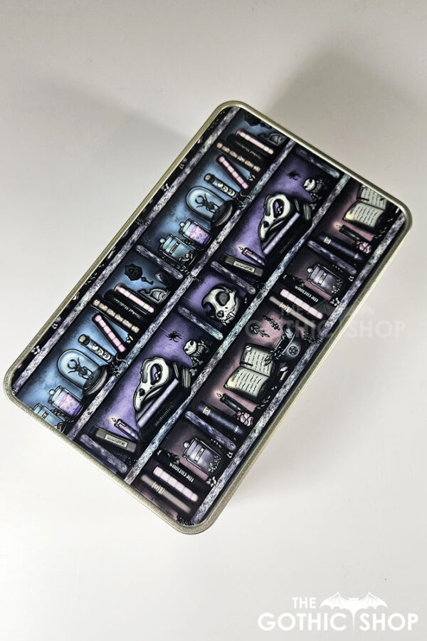 witchy curios rustic grungy colour bookshelves gothic rectangular tin