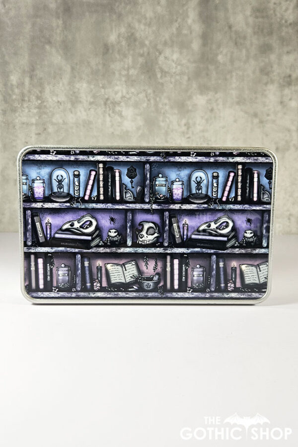 witchy curios rustic grungy colour bookshelves gothic rectangular tin