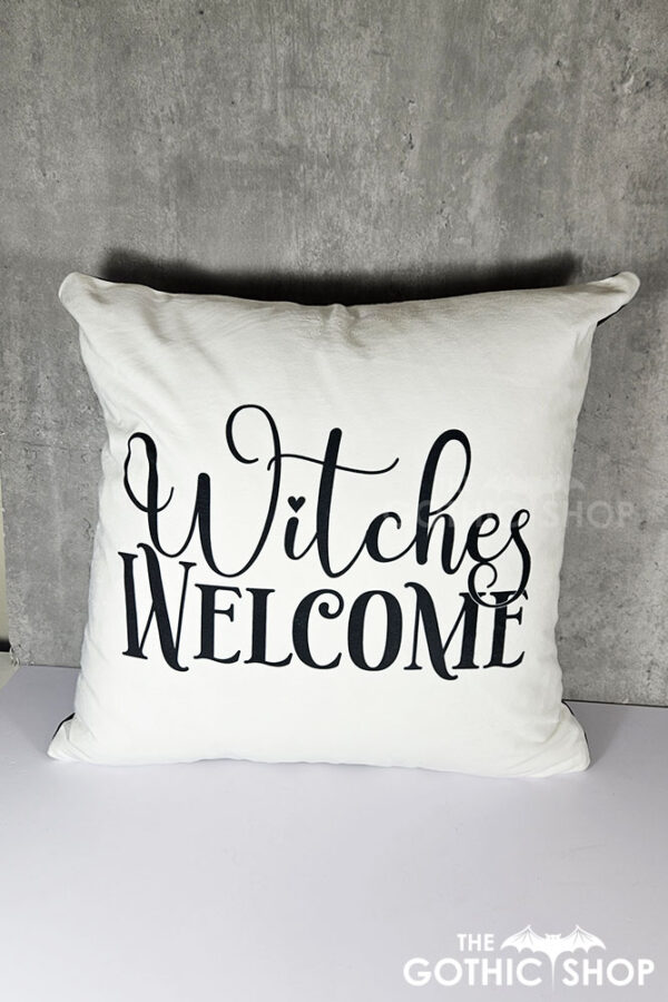 witches welcome white/black velvet cushion