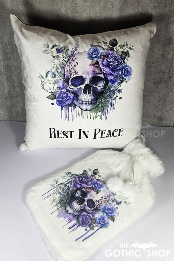 skull purple roses white/purple velvet cushion hot water bottle